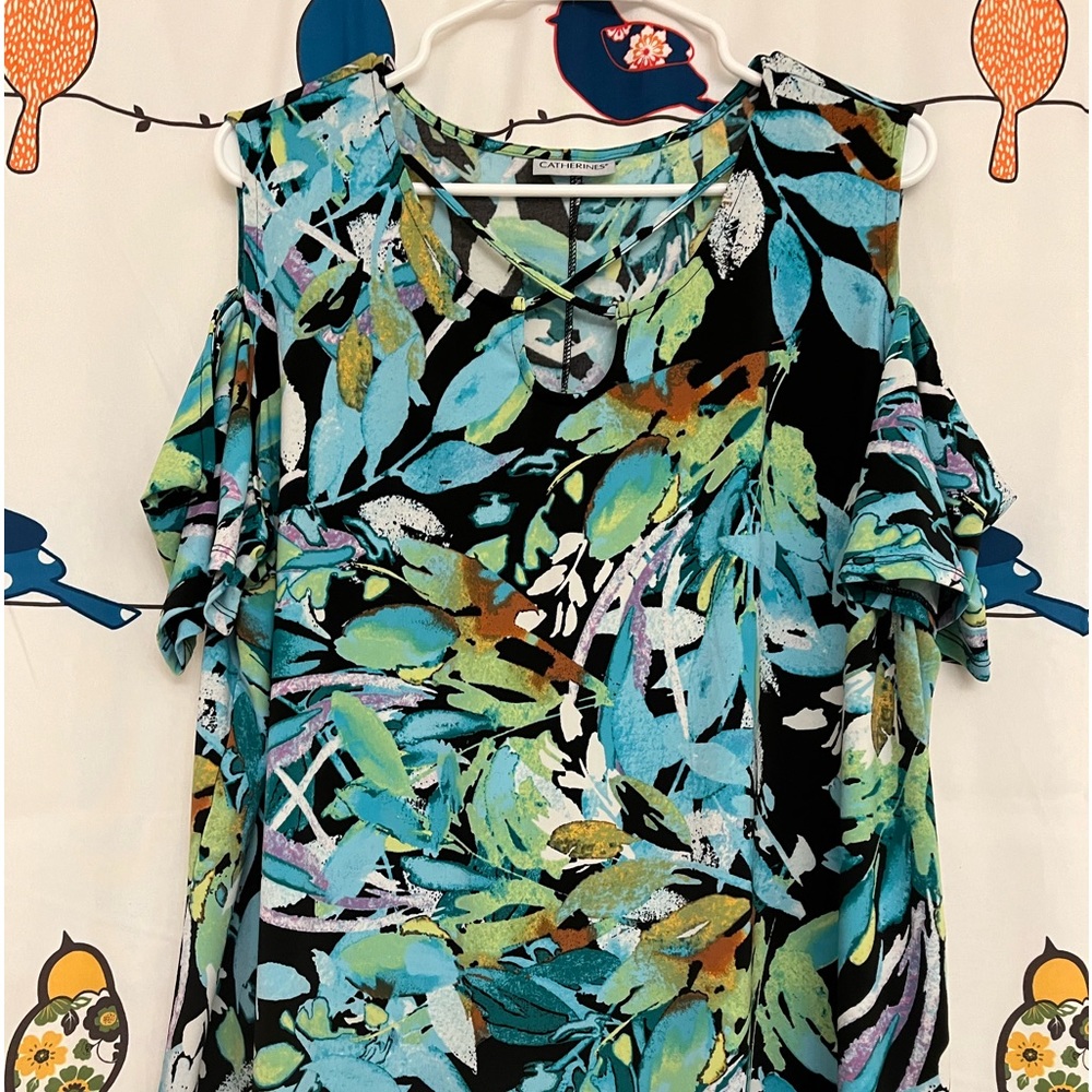 Tropical print (greens) open shoulder Tee / Catherines brand 1XWP - PETITE